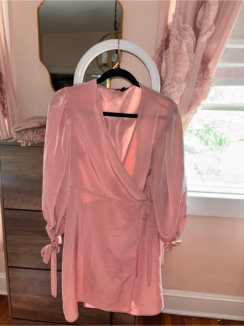 Topshop Blush Pink Wrap Mini Dress with Tie Sleeves - 8